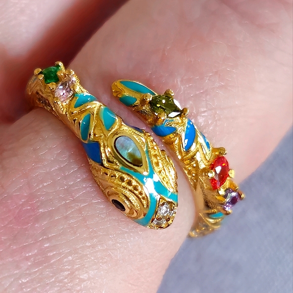 18KT GOLD/925 STERLING SILVER TURQUOISE DIAMOND EMERALD SNAKE ADJUSTABLE RING - Picture 4 of 16